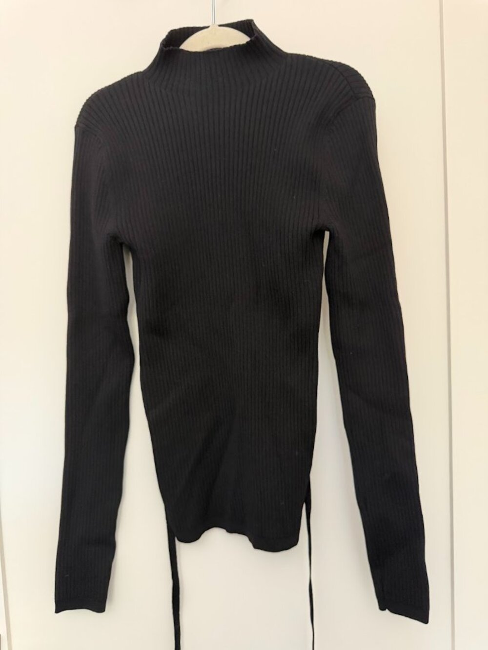 Ribbed Open Back Tie-Detail Long Sleeve Mock Neck Sweater Top Black